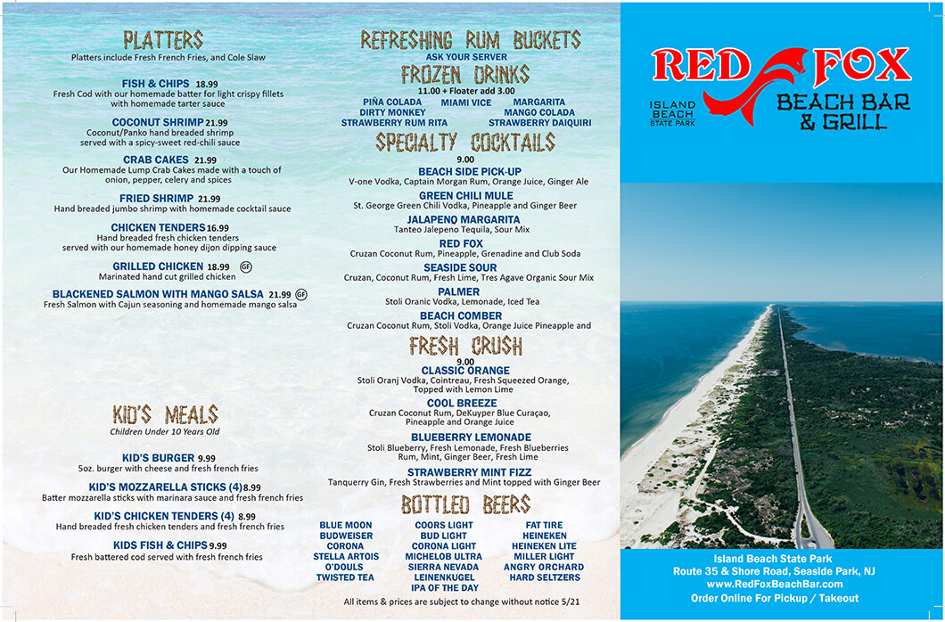 Frozen Drinks Daily Specials Kid S Meals Seaside Park Nj Red Fox Beach Bar Grill